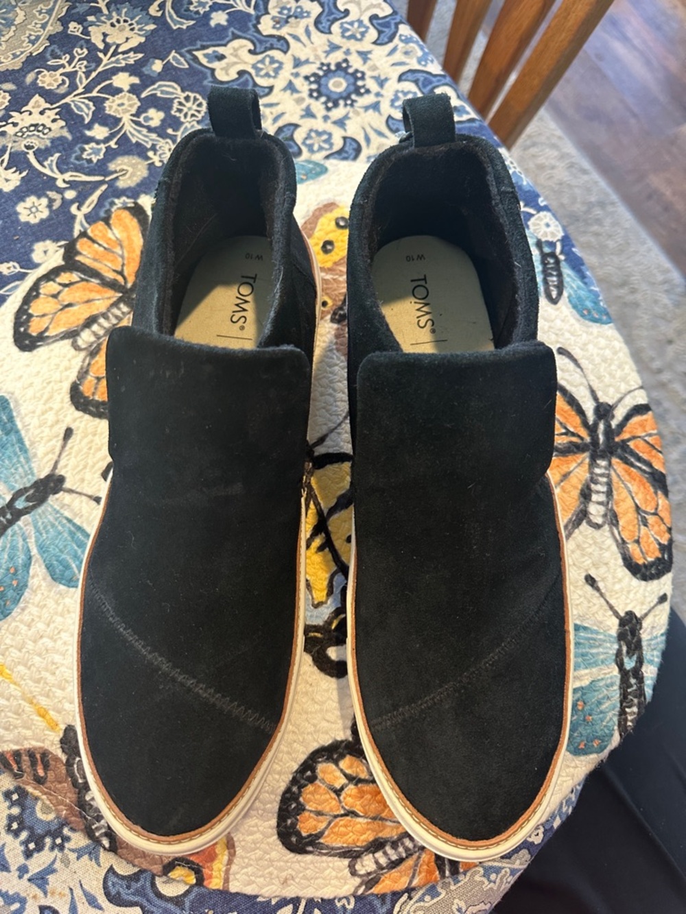 Toms Black Suede Slip-On Ankle Sneakers with Tan Trim NEW